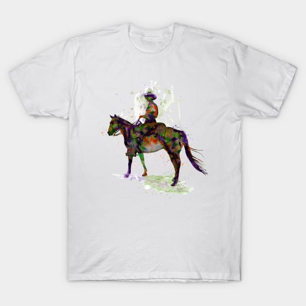 Cowboy on Horseback Watercolor Silhouette T-Shirt by Marian Voicu